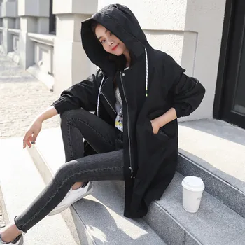 

2020 Women Spring Autumn Hooded Long Trench Coat Harajuku BF Thin Casual Loose Outerwear Female Clothes Windbreaker Coats A1462
