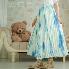 Туфли в стиле Mori Girl женские плиссированные юбки милые чернила для печати шифон юбка женские летние ботинки до середины икры светло синий градиент печатных юбки T703