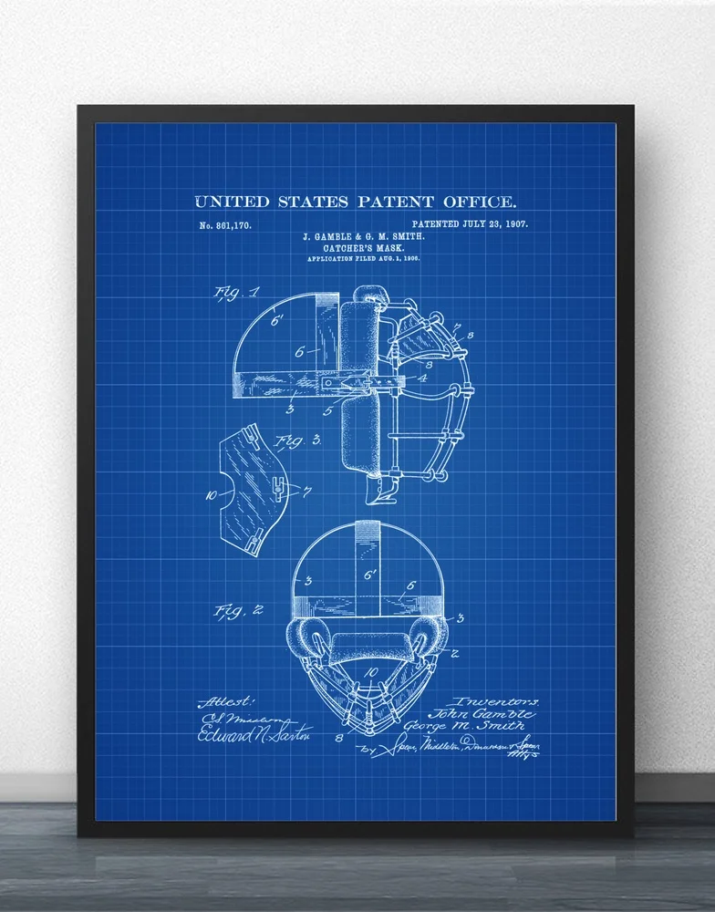 Baseball Catcher's Mask Patent Blueprint Wall Art Paint Decor Canvas Prints Poster Oil Paintings No Frame | Дом и сад