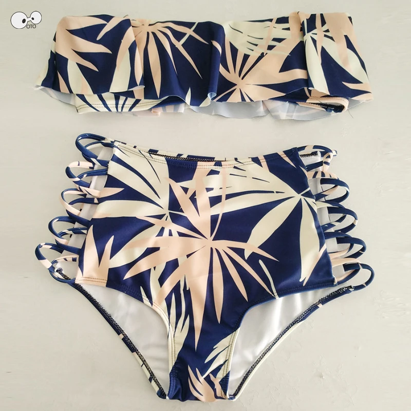 Bandeau Bikini Set 2018 Flounce Swimwear Women High Waist Swimsuit Sexy Brazilian Biquini Leaf Printed Bathing Suits Beachwear