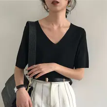 Verano coreano Chic tejido camiseta mujer manga corta Tops azul básico Casual negro camiseta elegante liso Simple camisetas sueltas mujer(China)