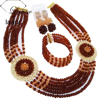 

Laanc Fashionable African Bead Necklace Brown Champagne Gold AB Jewelry Set Nigerian Wedding Jewelry Sets PHJZ003
