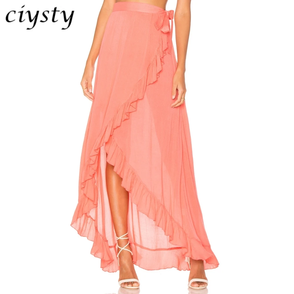 

Ciysty Sexy Asymmetrical Beach Skirts Female Fashion Casual High Waist Chiffon Ruffles Maxi Skirts
