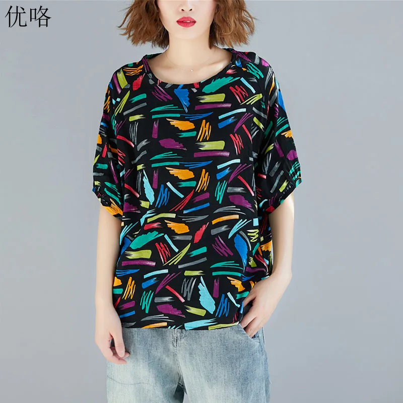 

Plus Size Summer T Shirt Women Art Graffiti Print Cotton Linen T-Shirts Big Size Loose Batwing Tee Shirt Female 4XL 5XL 6XL 2019