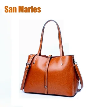 

San Maries Large Capacity Female Shoulder Bags Handbags Woman Oil Wax Genuine Leather Solid Color Practical Women Corssbody Bag