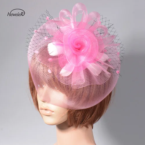 Pink Женские Свадебные шляпы в горошек с сеткой, свадебные гонки, Ascot, Коктейльные Вечерние украшения для волос, заколки, Необычные головные уборы Дерби - Цвет: Pink