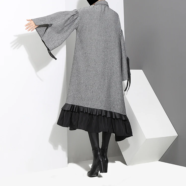 2020 Autumn Winter Women Plus Size Gray Shirt Dress Midi Long Sleeve Patchwork Thick Warm Ruffled Elegant Party Dress Style 3073