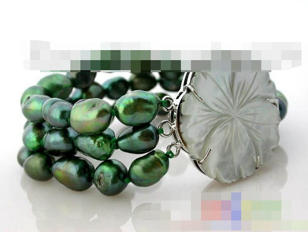 

09693 3row baroque green freshwater pearl bracelet bangle Natural >>free shipping