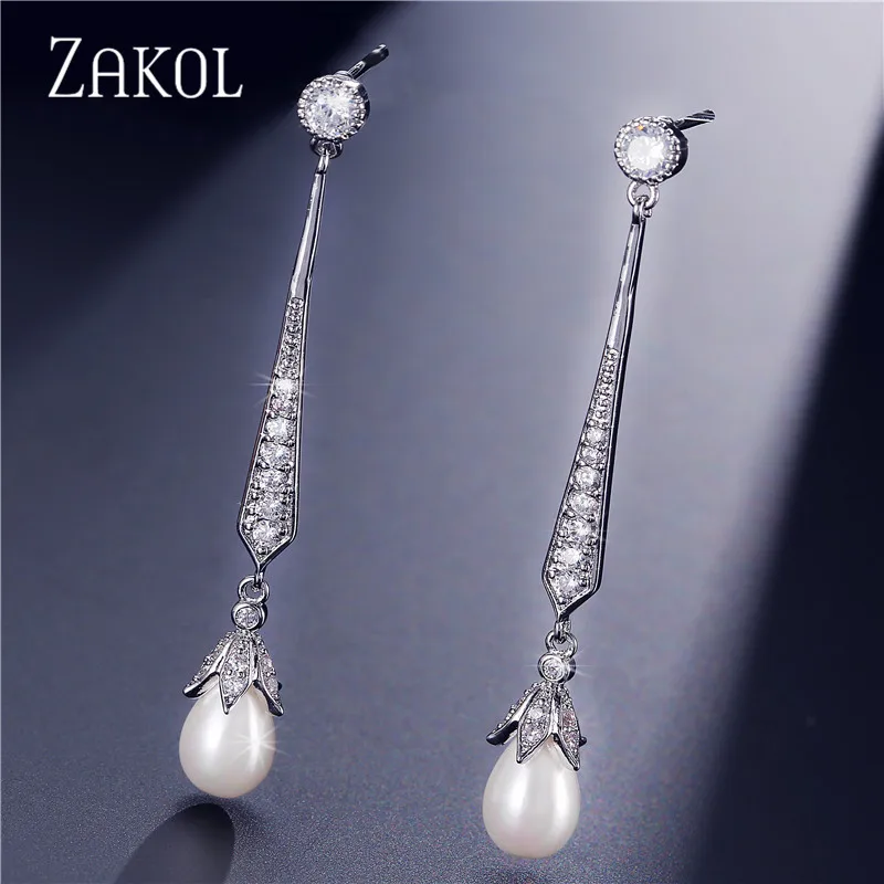 

ZAKOL Fashion Rose Gold Color Cubic Zircon Long Drop Earrings Exquisite White Imitation Pearl Wedding Jewelry FSEP527