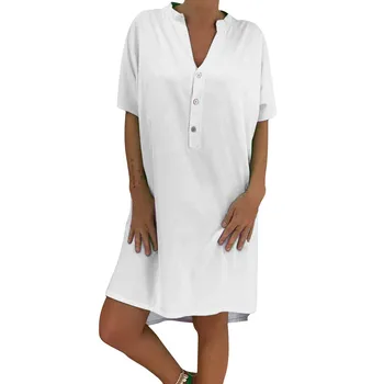 

Sleeper #401 2019 Summer hot Women V-Neck Short Sleeve Buttons Loose Casual Mini pure color casualDress casual new Free Shipping