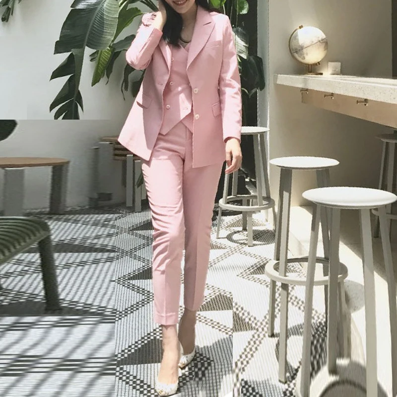 Новые корейские весенне-осенние брючные костюмы для офисных леди, элегантный розовый блейзер+ жилет+ брюки, комплект из трех предметов, наряды для женщин