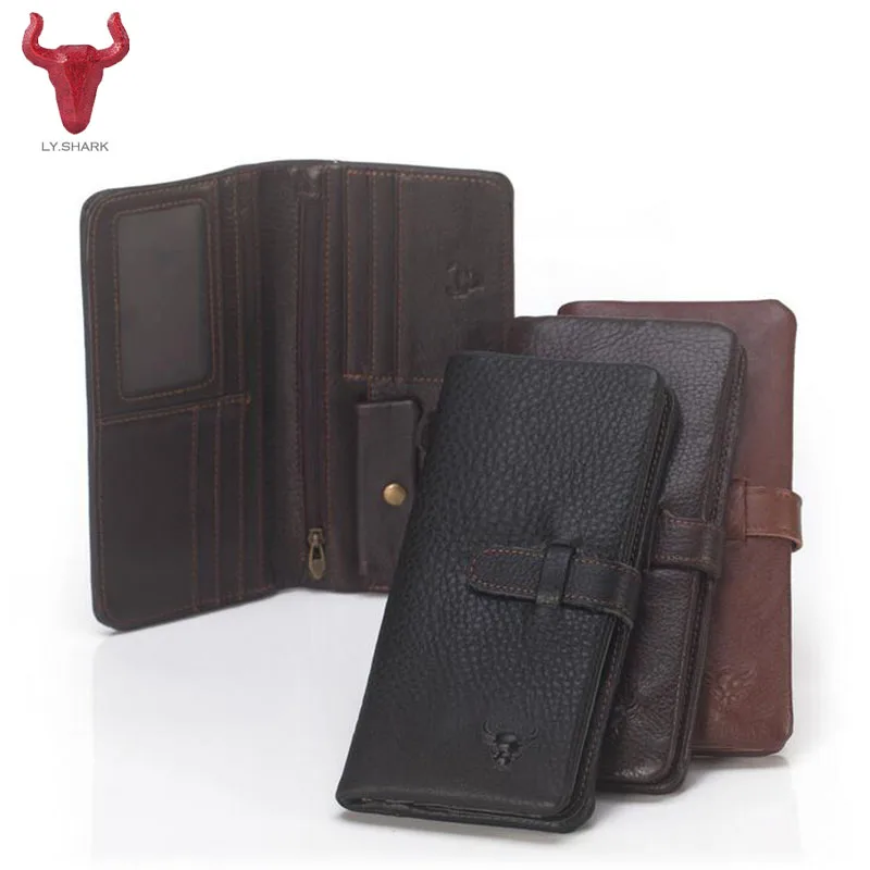 

LY.SHARK Genuine Leather men Wallets Coin Purse Long Wallet High Quality Phone Card Holder men Purse Clutch designer Zipper Bag
