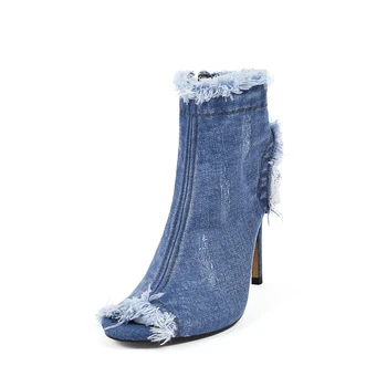 

Blue jeans boots 2019 summer shoes ankle boots for women chelsea boots blue denim boots high heels sexy peep-toe woman Stiletto