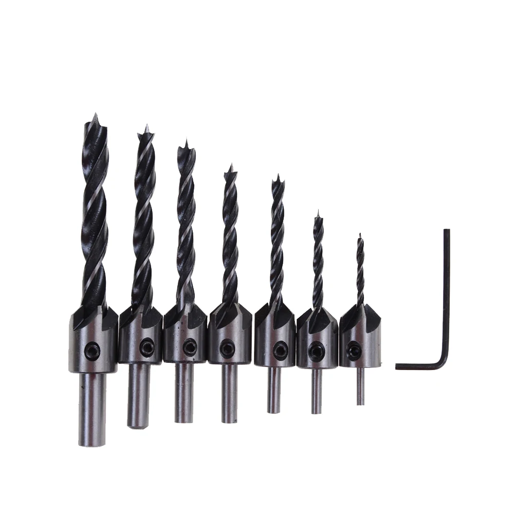 7pcs 5 Flute Countersink Drills Bit HSS Drills Bit Reamer Set For Woodworking Chamfer 3-10mm Dia Woodworking Tools