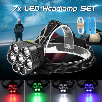 

LED Headlamp 60000lm 7*T6 Headlight Bike Head Lamp Light 18650 Rechargeable Flashlight Torch Head White Green Red Blue Emitting