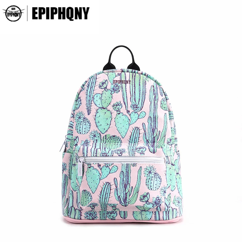 Leather Green Cactus And Flowers Backpack Daypack Bag Women