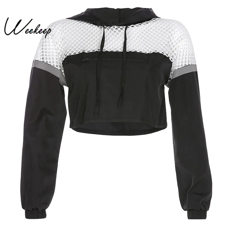 

Weekeep Loose Hooded Mesh Patchwork Hoodie Women Cropped Long Sleeve Streetwear Sweatshirt Sexy Hollow Out Hoodies Women 2019