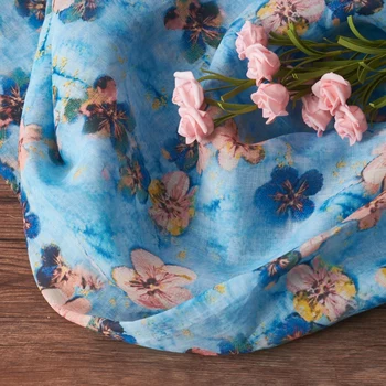 

High Quality Natural Ramie fabric Re-ancient blue flower printing tissu High-end thin summer dresses patchwork
