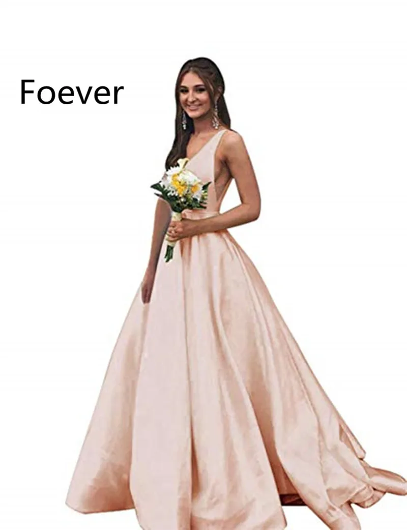 Sexy-Yellow-Satin-Evening-Dresses-V-Neck-A-Line-Sweep-Train-Long-Formal-Occasion-Dr