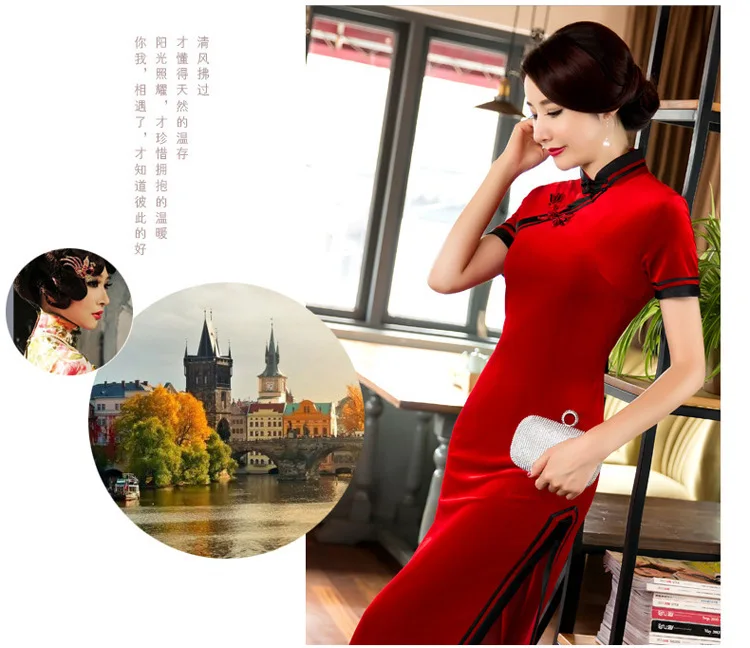 Зимнее платье Ципао, повседневное красное женское бархатное длинное китайское традиционное свадебное платье, ретро винтажное растягивающееся чонсам