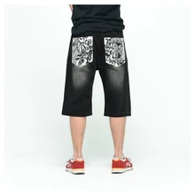 Свободные, облегающие, мешковатые джинсовые шорты с надписью сзади, черные джинсы в стиле хип-хоп,, мужские, для скейтборда, уличная одежда