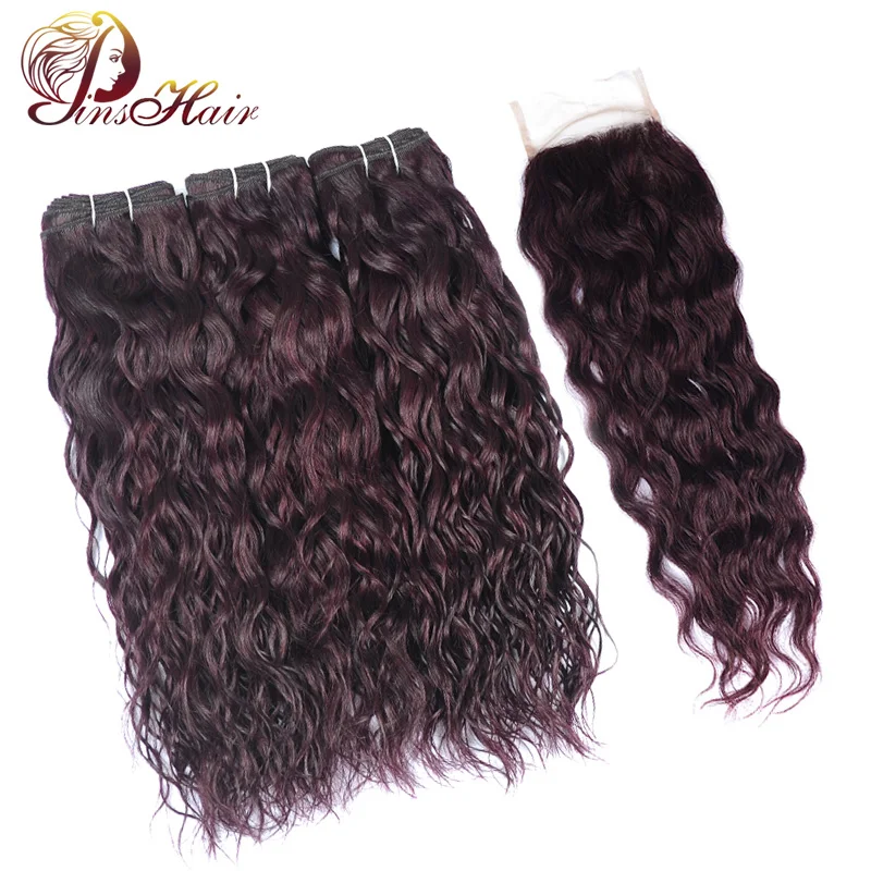 

Pinshair Peruvian Water Wave Bundles With Closure Pre Plucked Closure Human Hair Extensions Grape Purple Non Remy Hair 3 Bundles