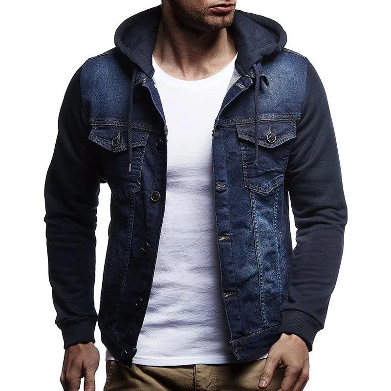 

NIBESSER Men Fashion Denim Jacket Spring Autumn Hooded Jeans Patchwork Windbreaker Overcoats Mens Casual Coats Plus size 3XL