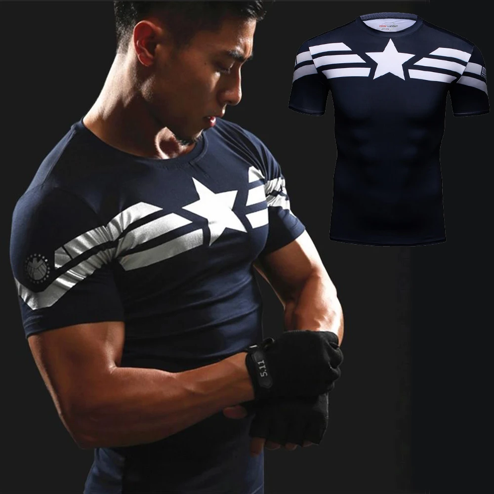 

Crossfit T Shirt 3D Print Captain America Sport T-Shirt Gym MMA Men Run Short Sleeve Top Compression Shirt Superman Punisher Tee