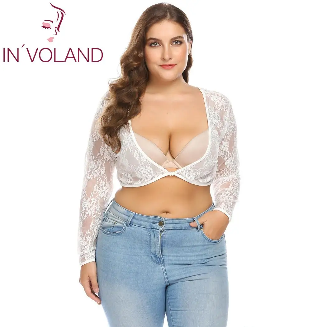 

INVOLAND Plus Size Crop Women T-shirts V-Neck Long Sleeve See-through Floral Large size Tee Slim Lace Summer Autumn 2018 Fashion