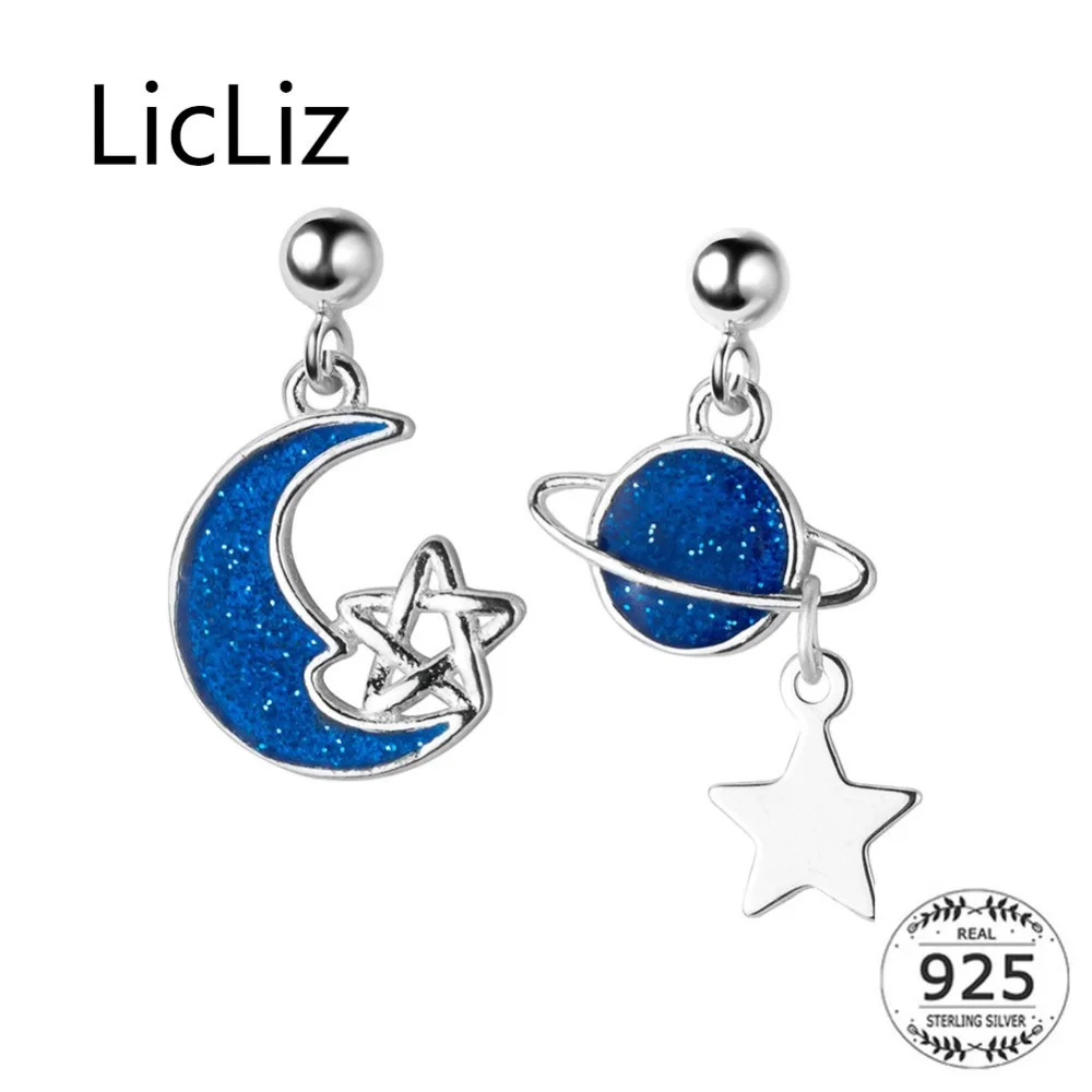 

LicLiz New 2019 S925 Sterling Silver Blue Moon Star Planet Drop Earring for Women White Gold Hollow Stars Jewelry Dating LE0561