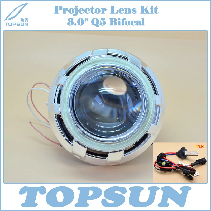 GZTOPHID Headlight Kit H4 Projector Lens 3 Inch Q5 Koito Bi-xenon, 35W Cnlight D2H HID Bulb, CCFL Angel Eyes and Shroud