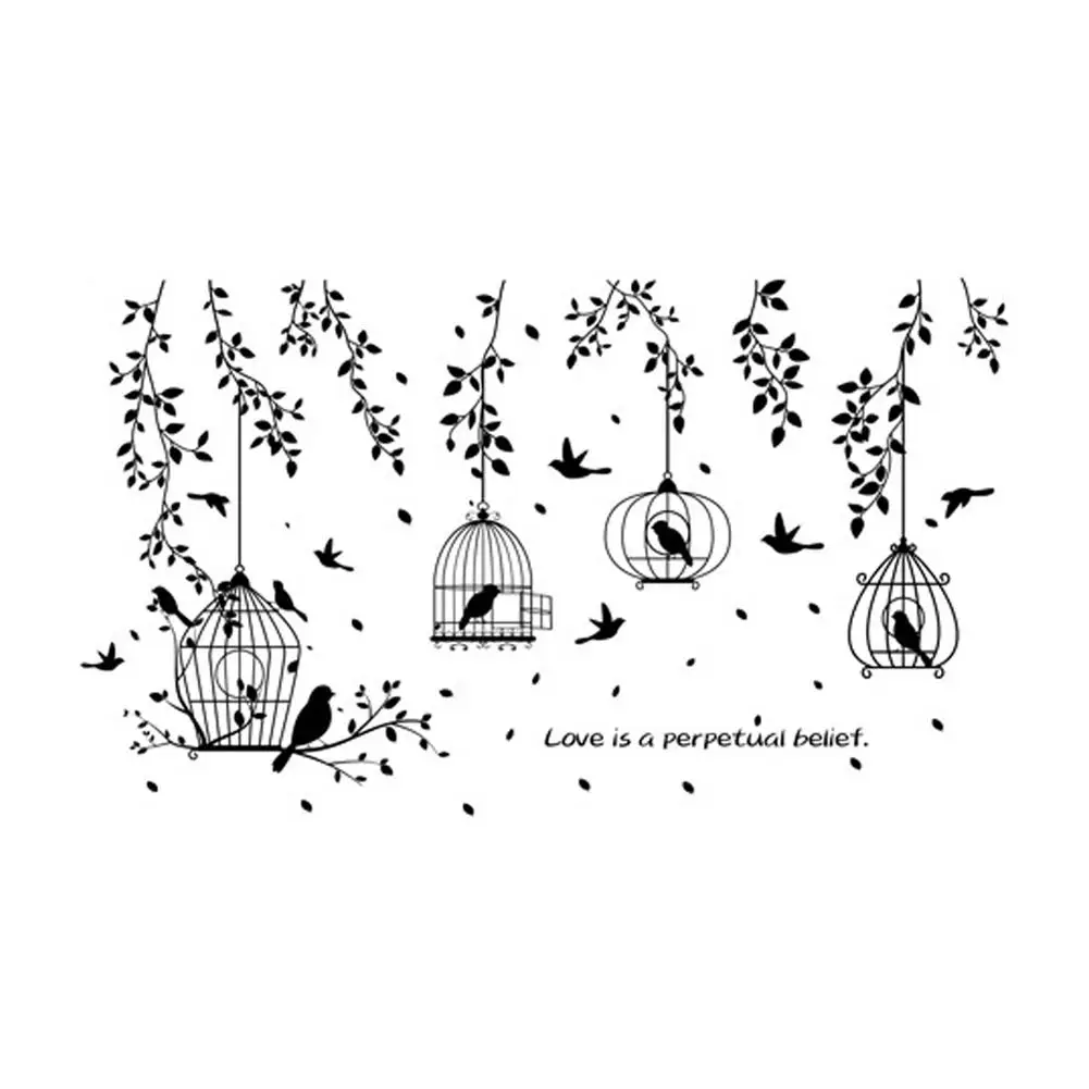 

Wall Sticker Black Birdcage Leaves Silhouette Wall Decor Sticker Living Room Bedroom Decal