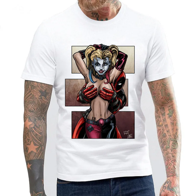 

Kiwi Fashion Deadpool With Hot Lady Printed T-Shirt For Men Harajuku Student Soft Apparel Tees Plus Size MTE12