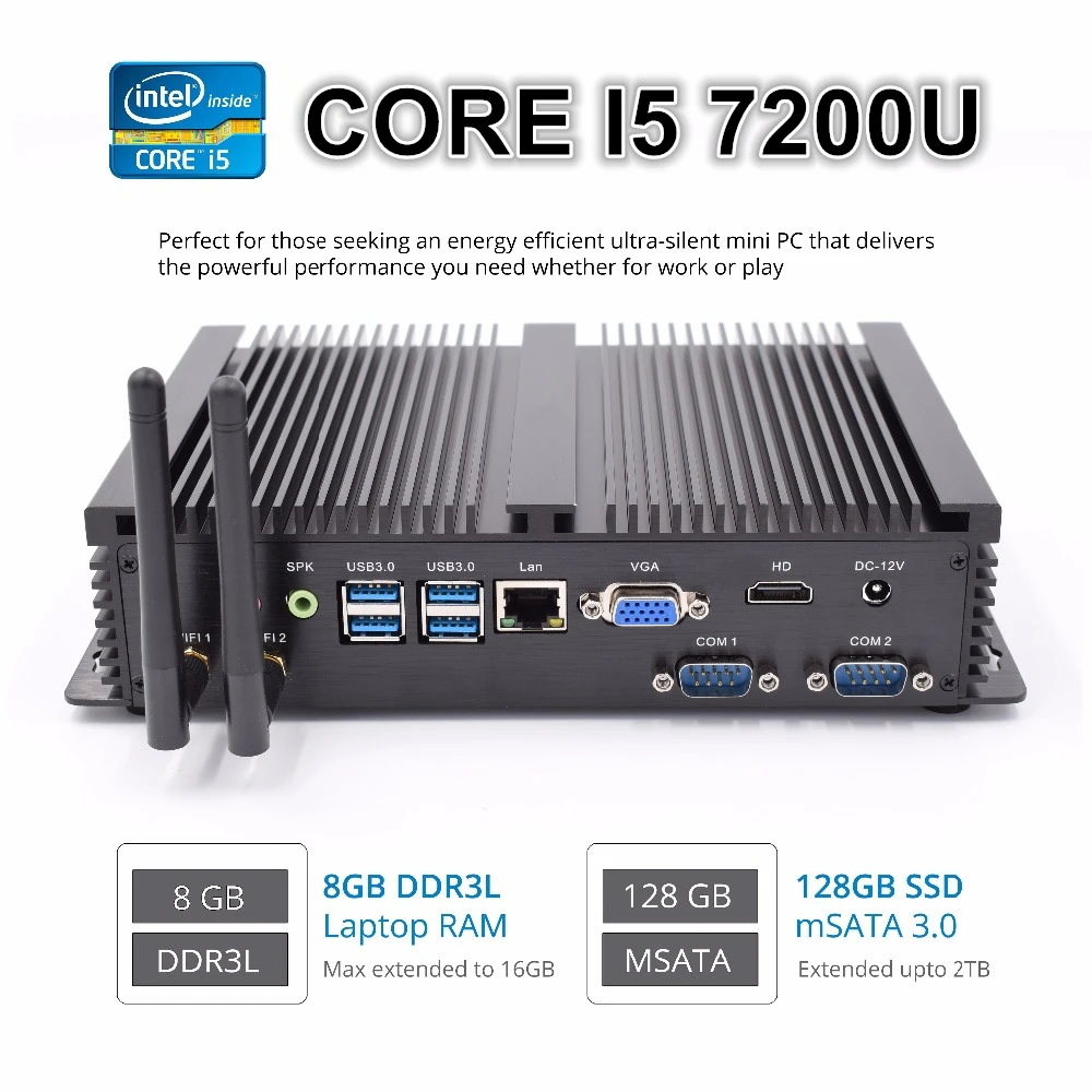 Core i5 7200U Barebone PC Windows Linux Ubuntu 호환 소형 컴퓨터 듀얼 COM 16GB