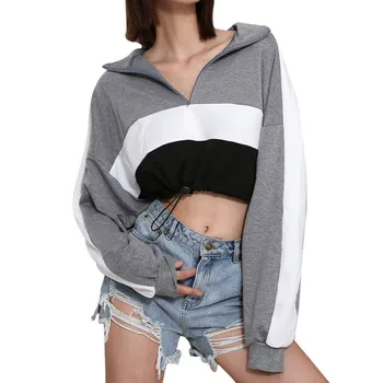 

Women Long-sleeved Pullovers Deep V Neck Top Drawstring Loose Patchwork Hoodies