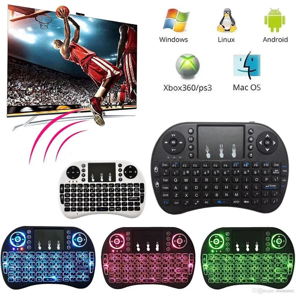 

2.4GHz Mini Wireless Remote Keyboard with Touchpad Mouse for Android TV Box 3 Color LED Backlight Rechargable Li-ion Battery