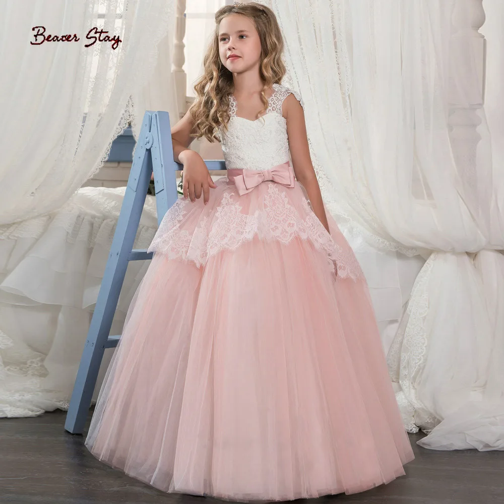 

Pink Flower Girls Dresses For Wedding Tulle Lace Long Girl Dress Party Christmas Dress Children Princess Costume For Kids 5-14T