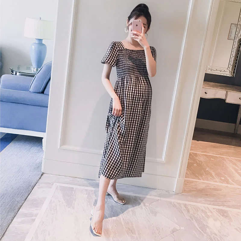 

Casual Plaid Dresses Maternity Clothes For Pregnant Women Clothing Elastic Pregnancy Dress Summer Mother Vestidos