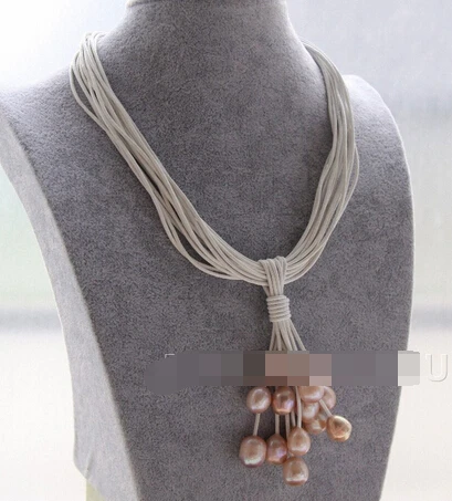 

Jewelr 006238 New 15Strands white leather pink pearls Choker necklace pendant