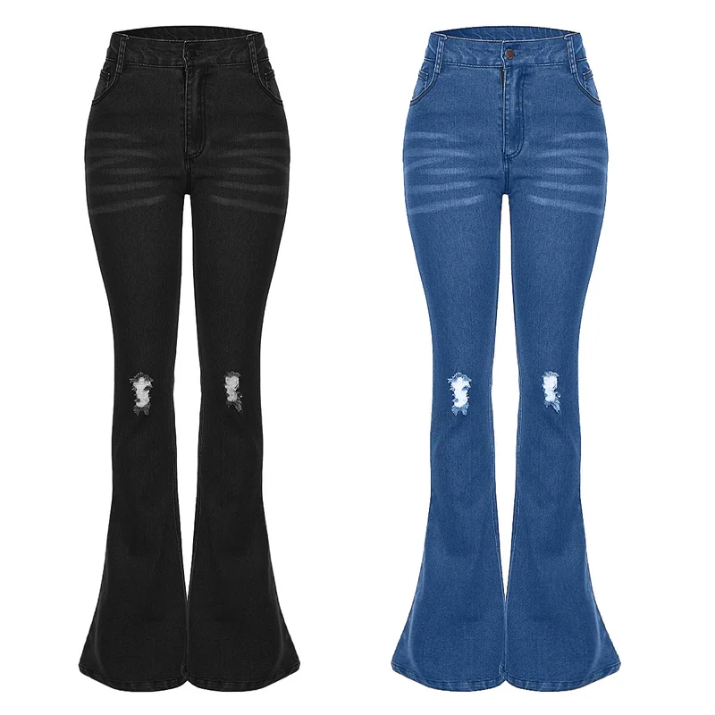 

2019 High Waist Jeans Women Casual Bell Bottom Jeans Female Slim Elastic Flare Pants Women Distressed Hole Denim Pants Plus Size