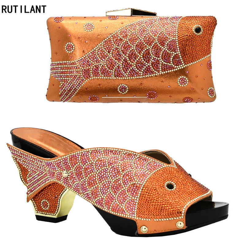 New Orange Color Italian Matching Shoe and Bag Set Decorated with Rhinestone African | Обувь