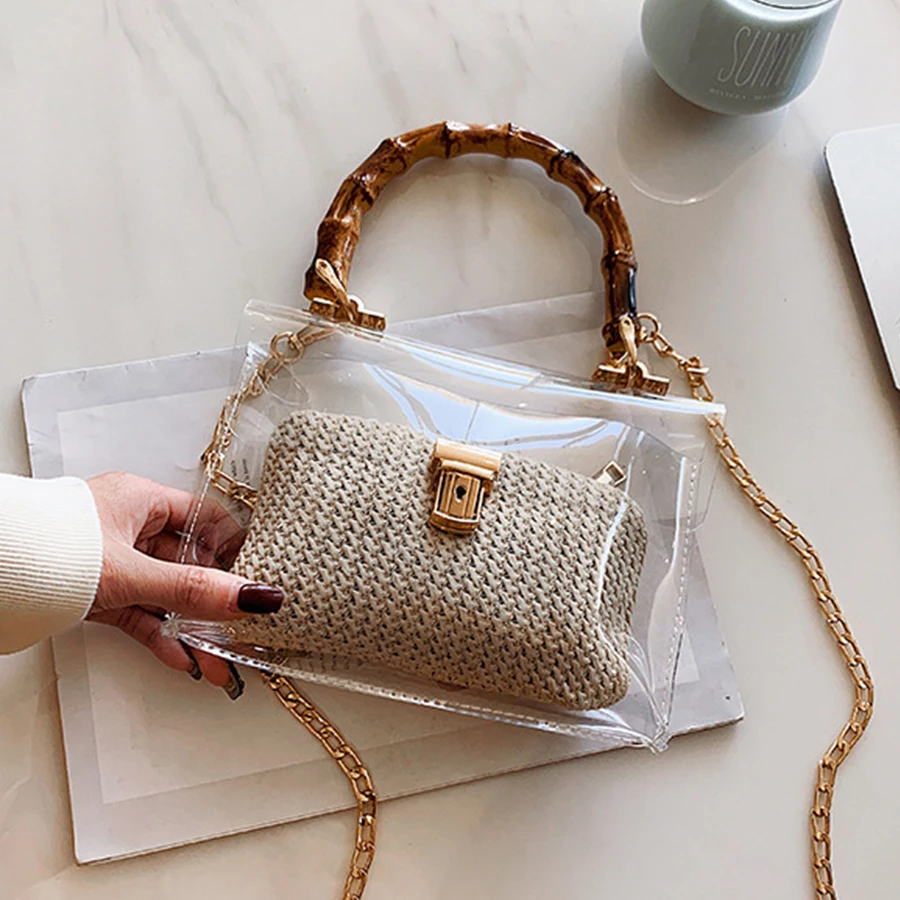 

Casual Clear Bamboo Handle Handbags Women Chains PVC Jelly Bags for Women Transparent Messenger Bag Ladies Beach Bag Bohemia INS