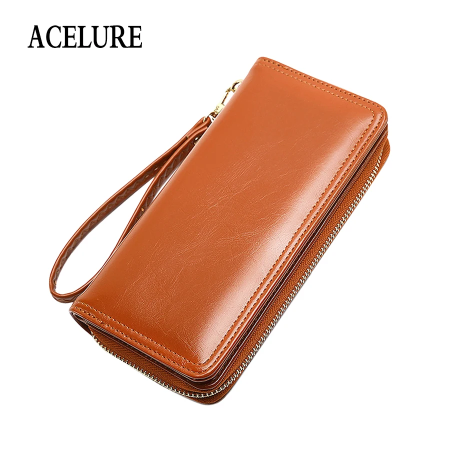 

ACELURE Solid Color Long Oil Wax Wallets + Card Holder Simple Style Students Purse All-match Zipper & Hasp Pu Leather Wallet
