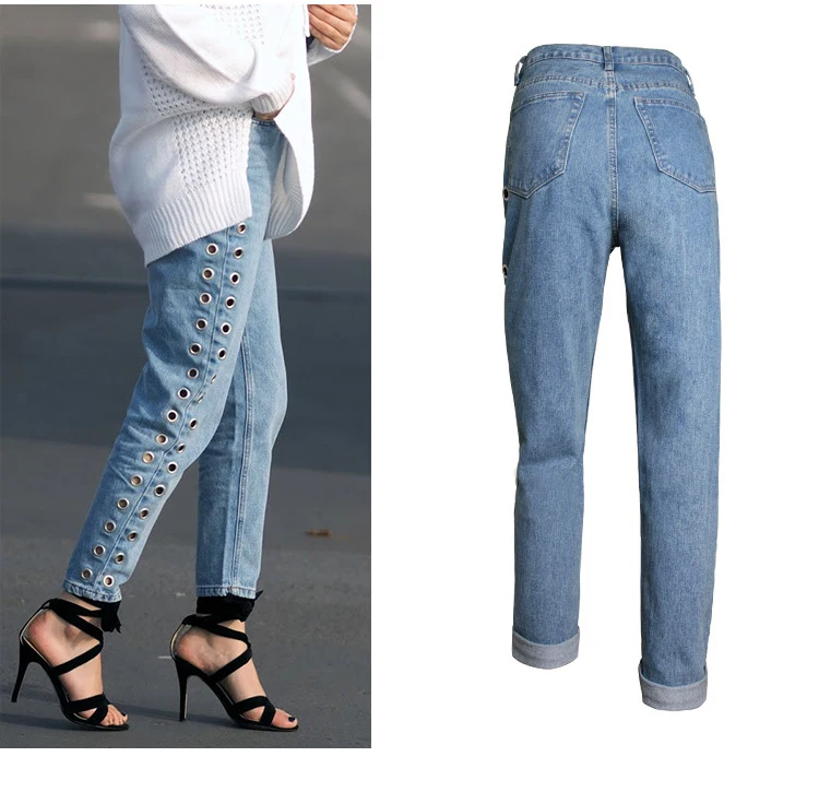Women's Street 2018 New Europe and America BF Wind High Waist Loose Pants Rivets Openwork Metallic Eyes Jeans (4)