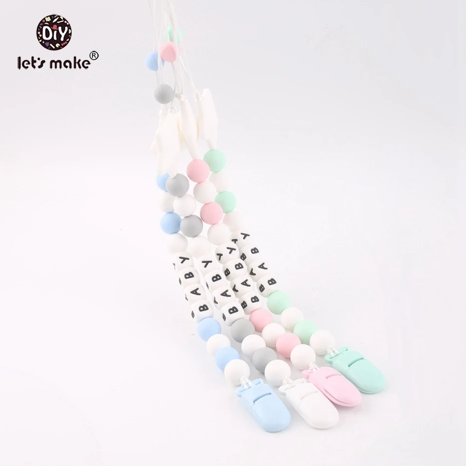 

Let's Make 2pc Silicone Clip Food Grade Silicone Teether Name Bracelet Personalized Dummy Clip Chain Nursing Necklace Pendant