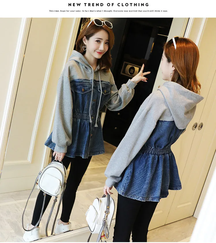 New Spring Fashion Loose Denim Patchwork Hooded Sweatshirts Slim Waist Students Hoodies Casual Tops for Women