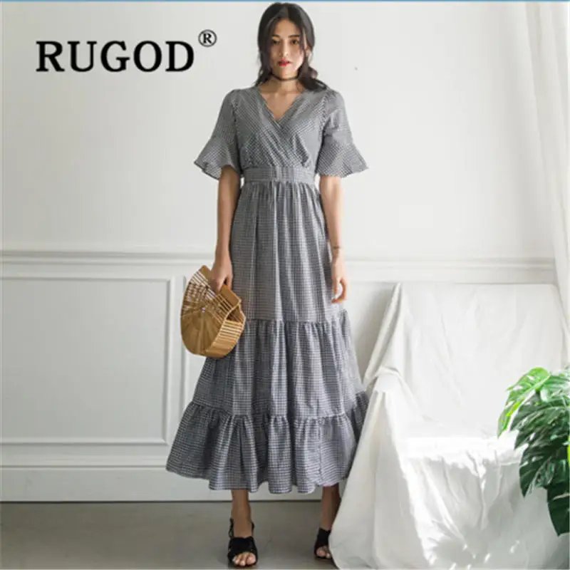 Женское платье с рукавами колоколами RUGOD вечернее облегающее в клетку v образным