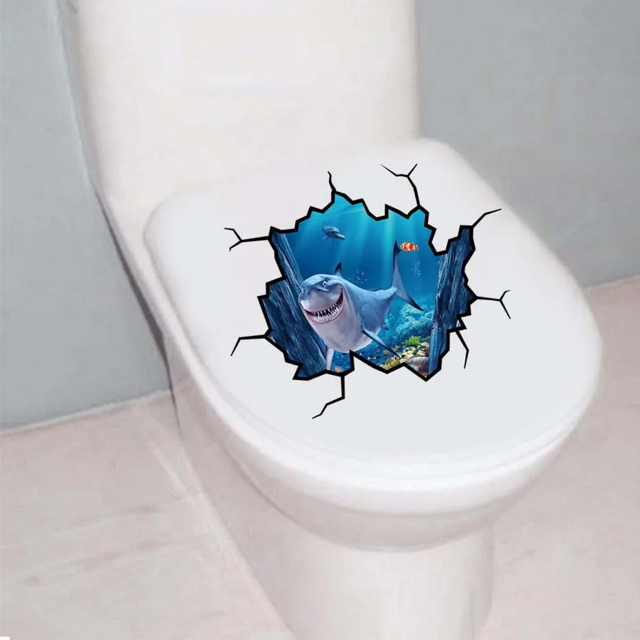 Bathroom 3D Undersea Animals Toilet Decals Shark Fish Ocean World Wall Stickers Vinyl Removable Vivid High Quality Waterpaper (2)