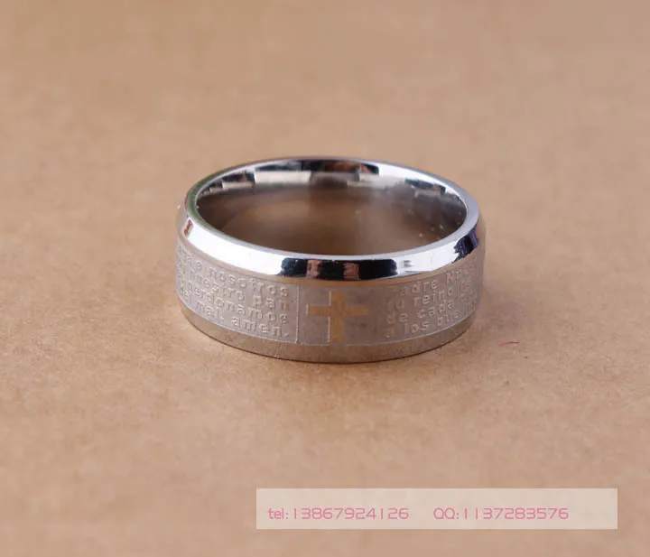 Stainless Steel Ring Finger Ring Bible Stainless Steel Ring Father Prayer Padre Nuestro Cross Rings 8mm Men Jewelry