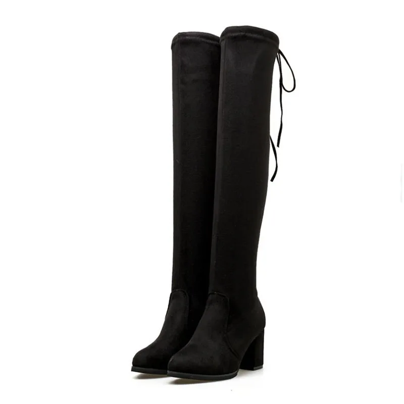 RIZABINA/женские Сапоги выше колена; повседневные офисные женские высокие сапоги с перекрестными ремешками; сезон осень-зима; Уличная обувь на высоком каблуке; Размеры 35-39 - Цвет: Черный
